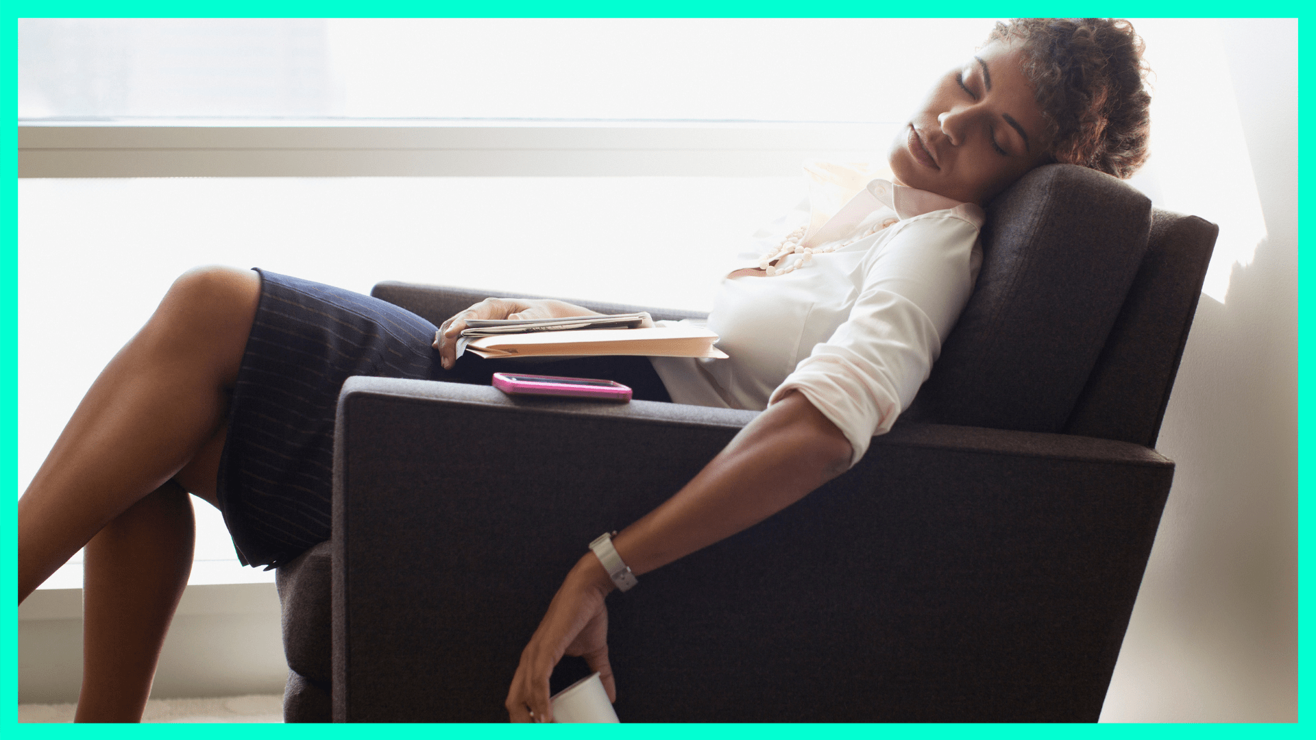 lady passed out in chair wearing work attire